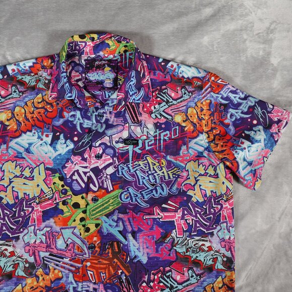 Retro Rifle Graffiti Button Shirt Mens Large Stretch Colorful Art - Picture 1 of 9